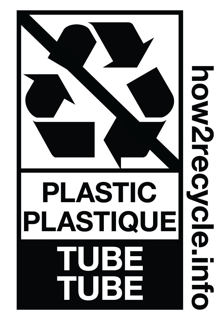 Displays recycling logo crossed out with the words "Plastic" and "Tube" underneath as well as howtorecycle.info
